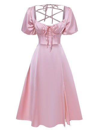 Pink 1940s Solid Puff Sleeve Tie Back Dress, vintage dress, retro fashion - perfect for women who love vintage and retro fashion