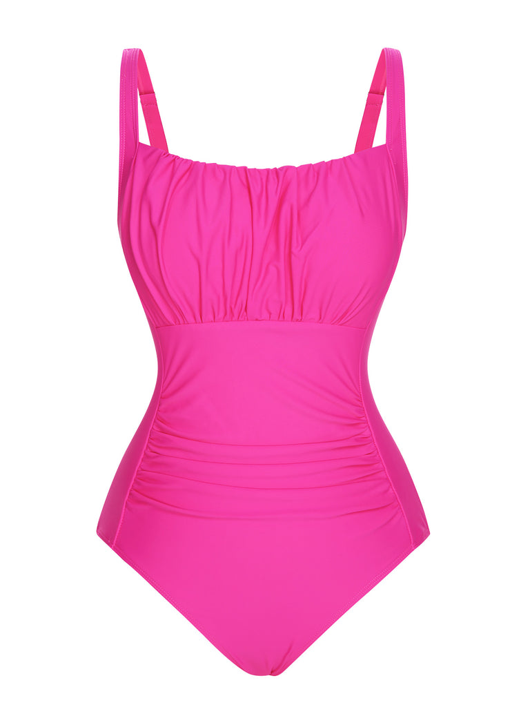 Pink 1940s Solid Wrinkle Strap Swimsuit, vintage swimsuit, pin-up swimwear - perfect for women who love vintage and retro fashion