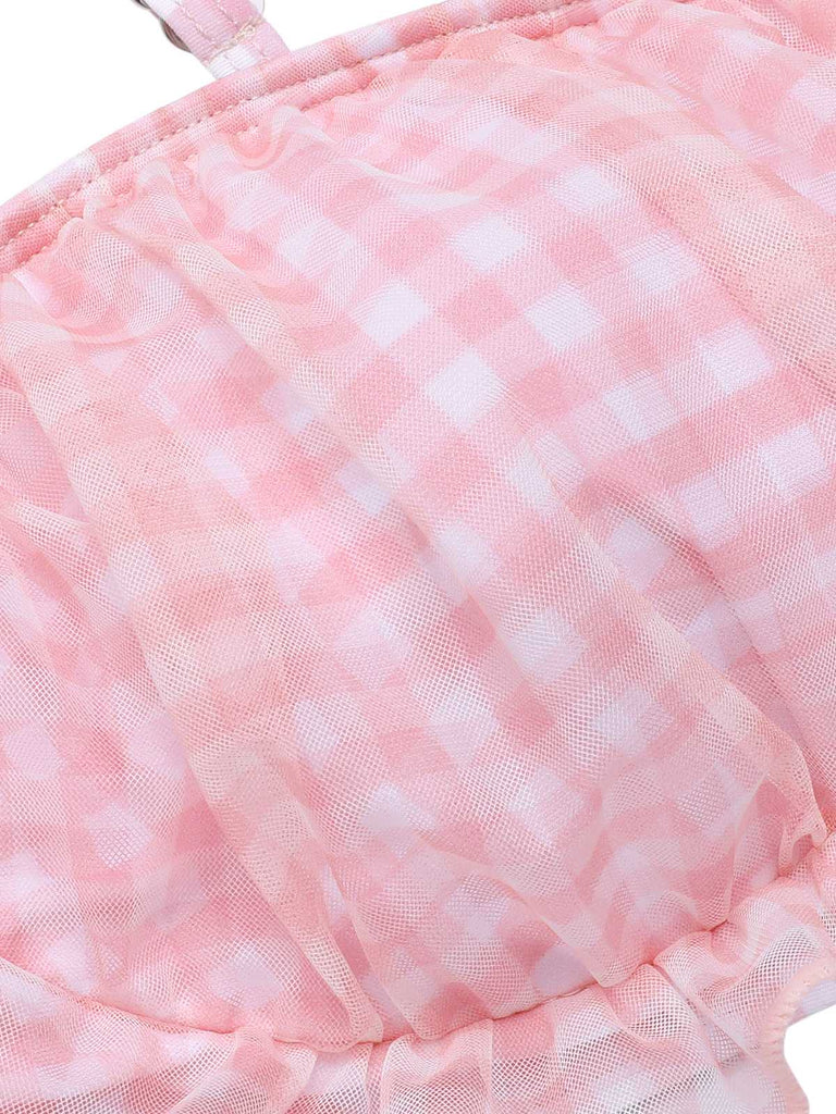 Pink 1940s Spaghetti Strap Mesh Plaids Swimsuit — 1940s poolside glamour meets sun-drenched confidence