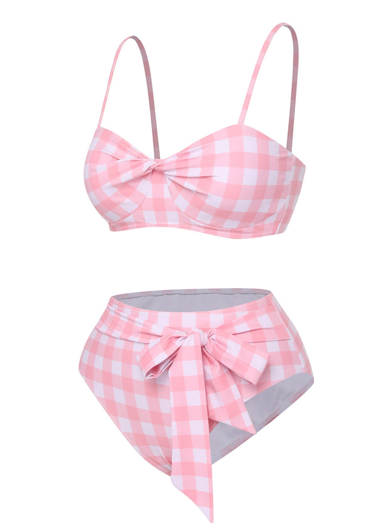 Pink 1940s Spaghetti Strap Plaid Bow Swimsuit, vintage swimsuit, pin-up swimwear - perfect for women who love vintage and retro fashion