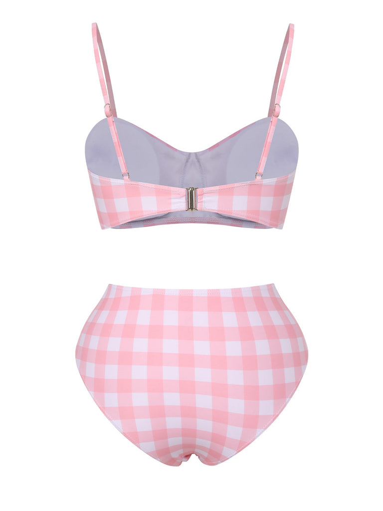 Pink 1940s Spaghetti Strap Plaid Bow Swimsuit, vintage swimsuit, pin-up swimwear - perfect for women who love vintage and retro fashion