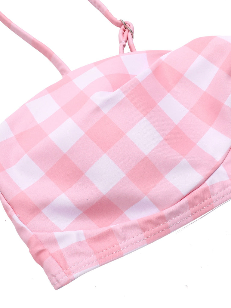 Pink 1940s Spaghetti Strap Plaid Bow Swimsuit, vintage swimsuit, pin-up swimwear - perfect for women who love vintage and retro fashion