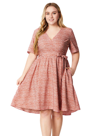[Plus Size] Pink 1940s V-Neck Floral Pocketed Wrap Dress - vintage dress, retro fashion, floral print for vintage lovers