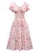 Pink 1940s V-Neck Floral Puff Sleeve Dress - vintage dress, retro fashion