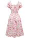 Pink 1940s V-Neck Floral Puff Sleeve Dress - vintage dress, retro fashion