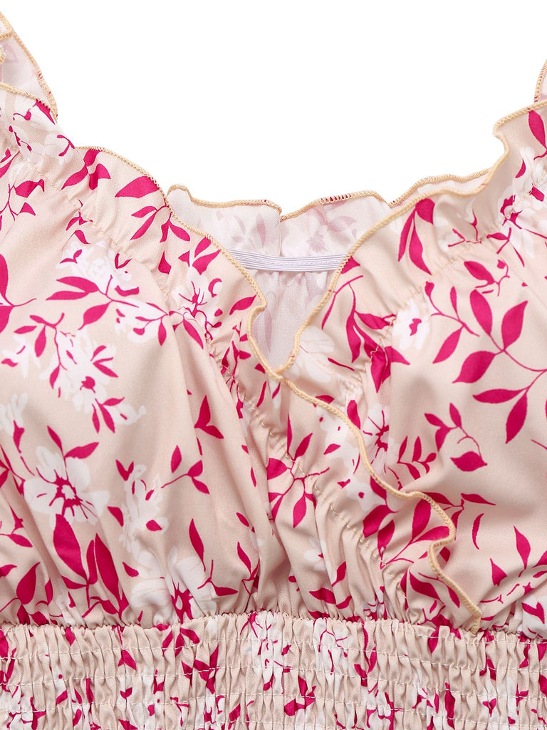 Pink 1940s V-Neck Floral Puff Sleeve Dress - vintage dress, retro fashion