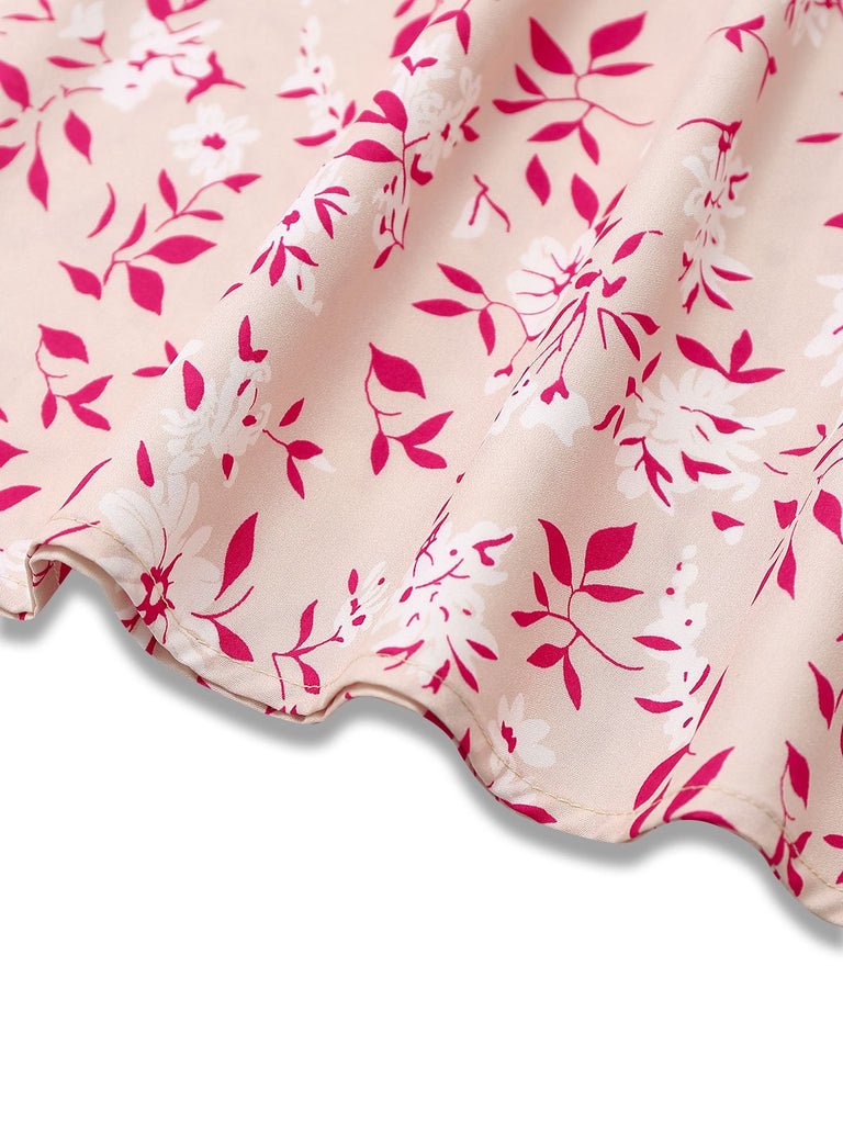 Pink 1940s V-Neck Floral Puff Sleeve Dress - vintage dress, retro fashion
