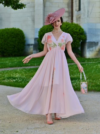 Pink 1940s V-Neck Ruffle Sleeve Floral Print Dress, vintage dress, retro fashion, floral print - perfect for women who love vintage and retro fashion