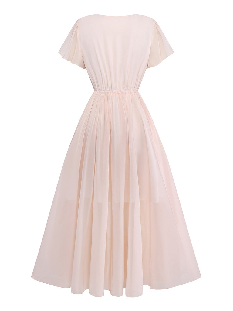 Pink 1940s V-Neck Ruffle Sleeve Floral Print Dress - vintage dress, retro fashion
