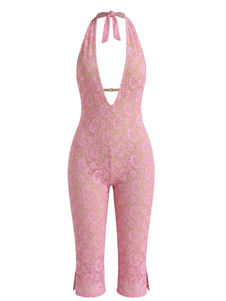 Pink 1950s Backless Halter Lace Lace-up Jumpsuit - vintage jumpsuit, retro fashion