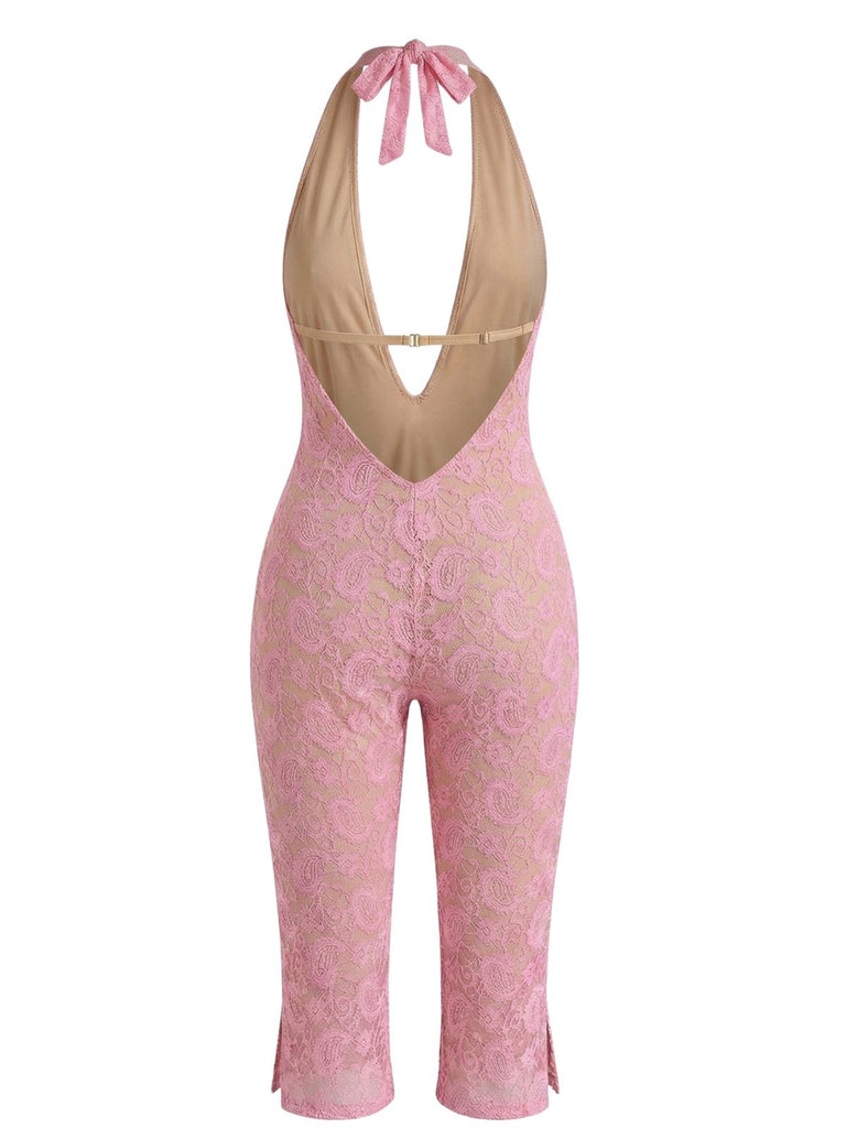 Pink 1950s Backless Halter Lace Lace-up Jumpsuit - vintage jumpsuit, retro fashion