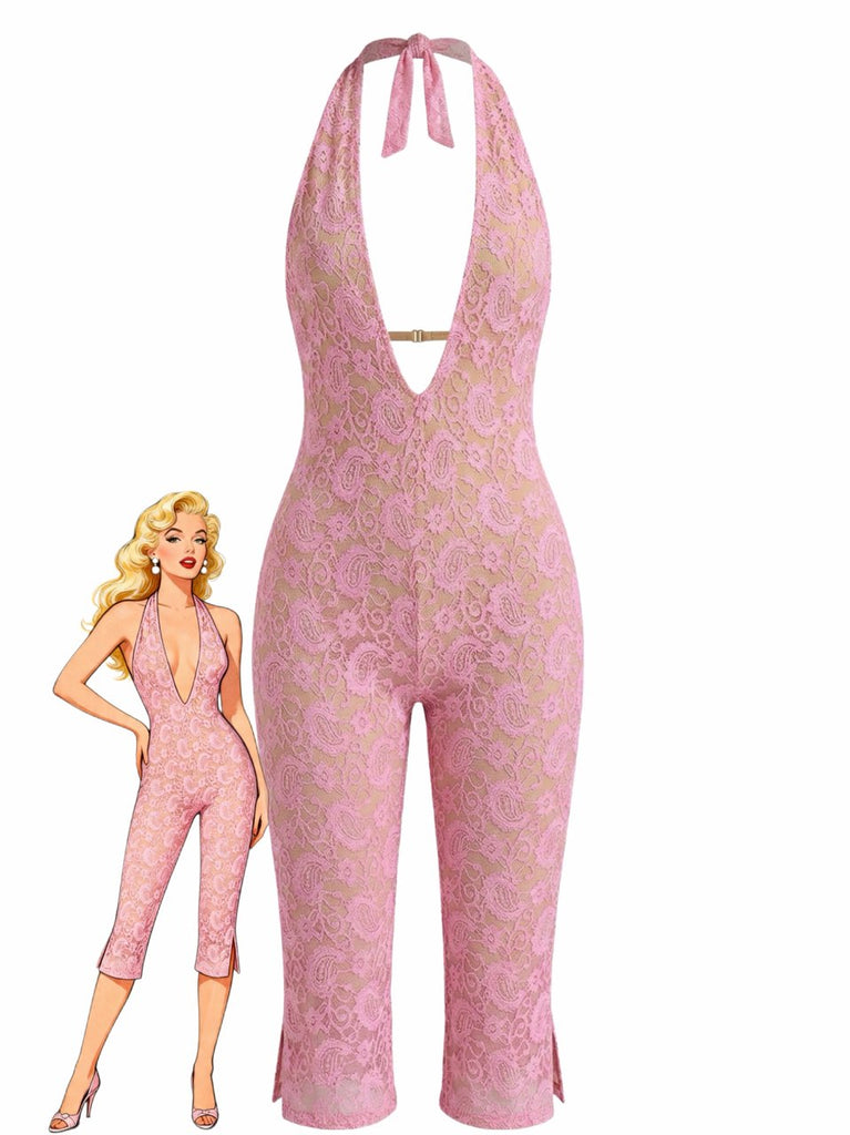 Pink 1950s Backless Halter Lace Lace-up Jumpsuit - vintage jumpsuit, retro fashion