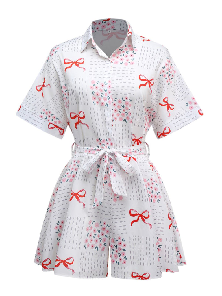 Pink 1950s Bow & Floral Belted Lapel Romper - vintage jumpsuit, retro fashion
