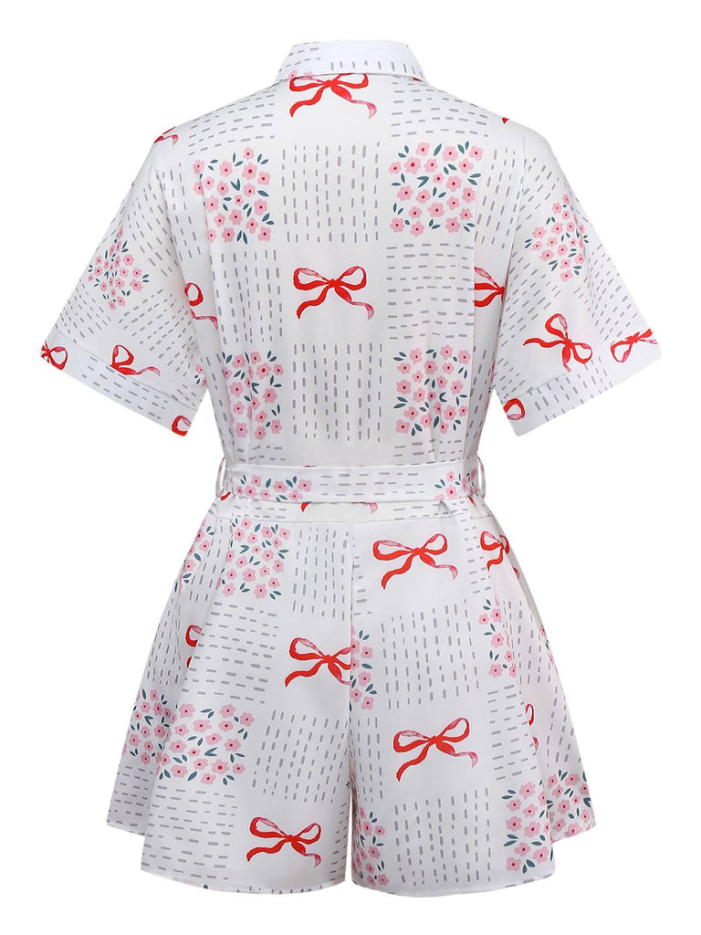 Pink 1950s Bow & Floral Belted Lapel Romper - vintage jumpsuit, retro fashion