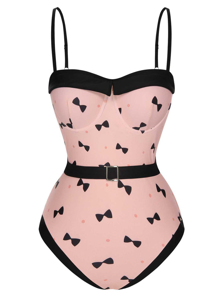 Pink 1950s Bow Polka Dots Print One-Piece Swimsuit: 1950s Riviera elegance, reimagined for her