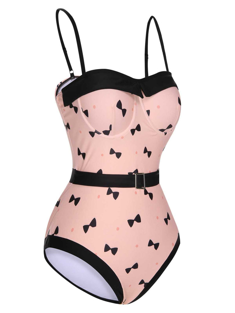 This Pink 1950s Bow Polka Dots Print One-Piece Swimsuit carries 1950s vacation dreams in every stitch