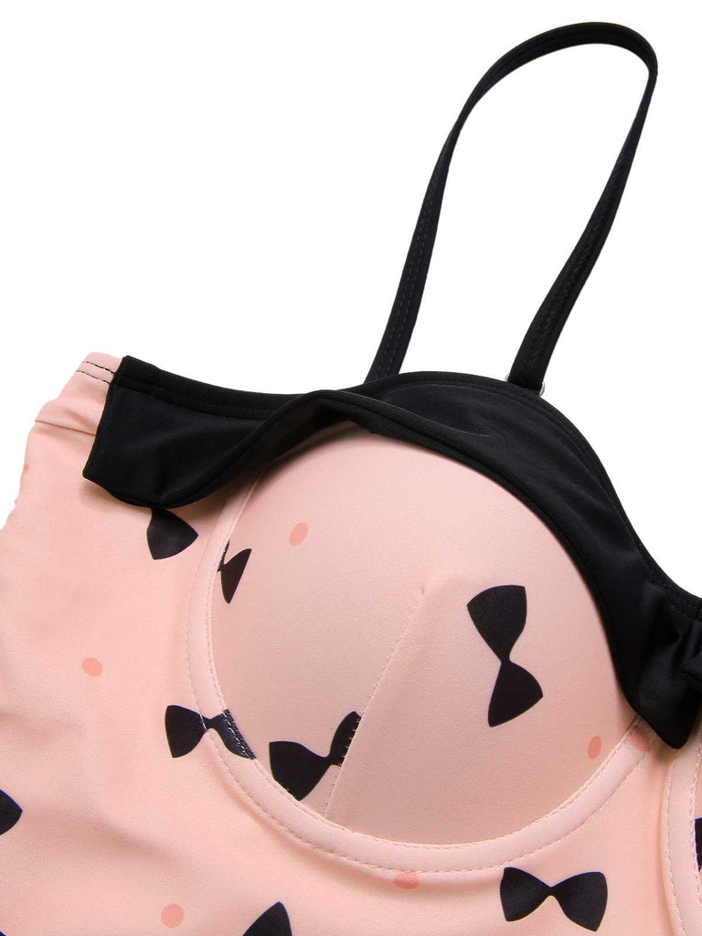 Pink 1950s Bow Polka Dots Print One-Piece Swimsuit — 1950s poolside glamour meets sun-drenched confidence