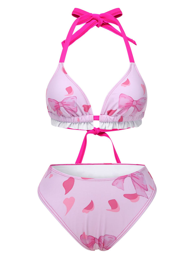Pink 1950s Bowknot Print Halter Bikini Set, vintage swimsuit, pin-up swimwear - perfect for women who love vintage and retro fashion