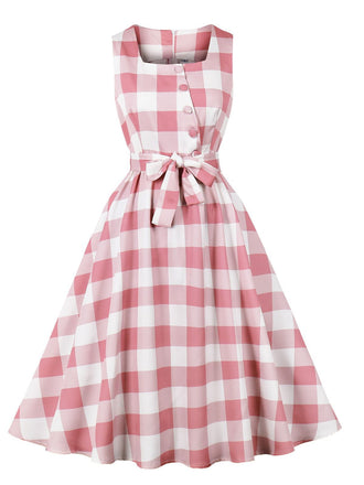 Pink 1950s Button Bow Gingham Plaid Dress - vintage dress, retro fashion, rockabilly