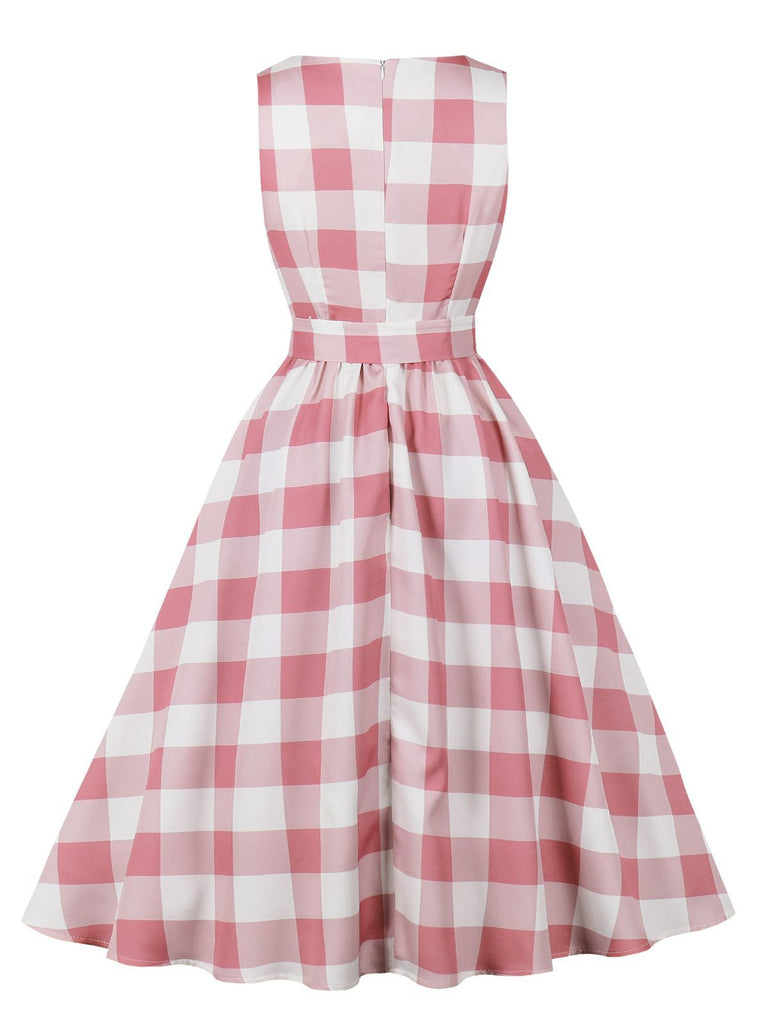 Pink 1950s Button Bow Gingham Plaid Dress - vintage dress, retro fashion, rockabilly