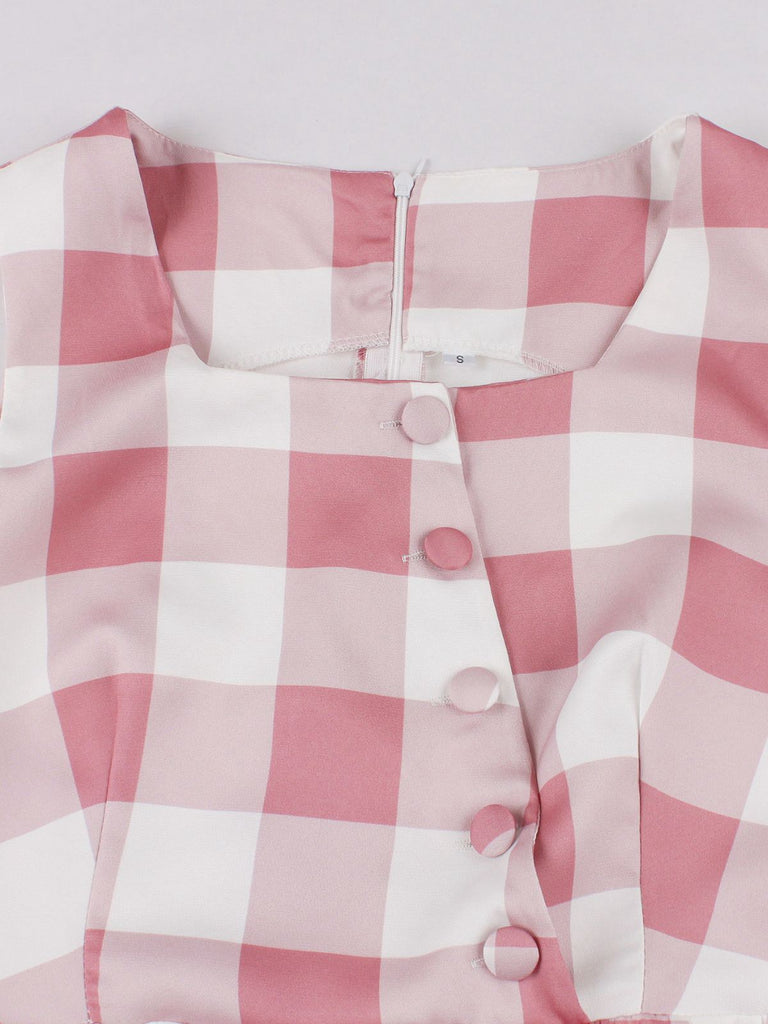 Pink 1950s Button Bow Gingham Plaid Dress - vintage dress, retro fashion, rockabilly