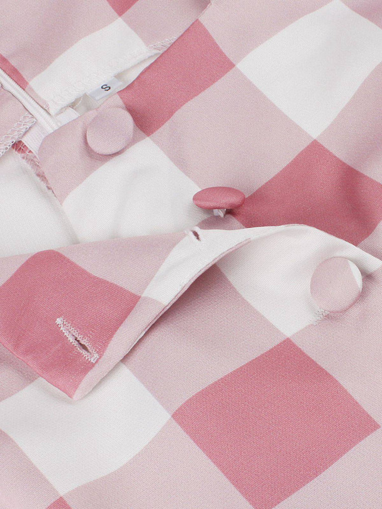 Pink 1950s Button Bow Gingham Plaid Dress - vintage dress, retro fashion, rockabilly