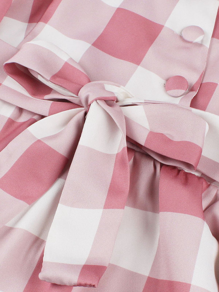 Pink 1950s Button Bow Gingham Plaid Dress - vintage dress, retro fashion, rockabilly
