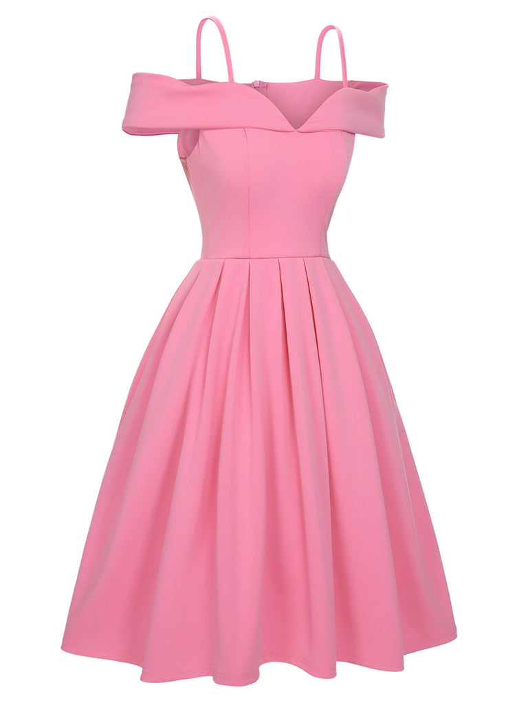 Pink 1950s Cold Shoulder Solid Dress: where 1950s romance meets her modern spirit
