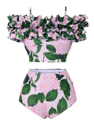 Pink 1950s Cold-Shoulder Floral Ruffle Swimsuit, vintage swimsuit, pin-up swimwear - perfect for women who love vintage and retro fashion