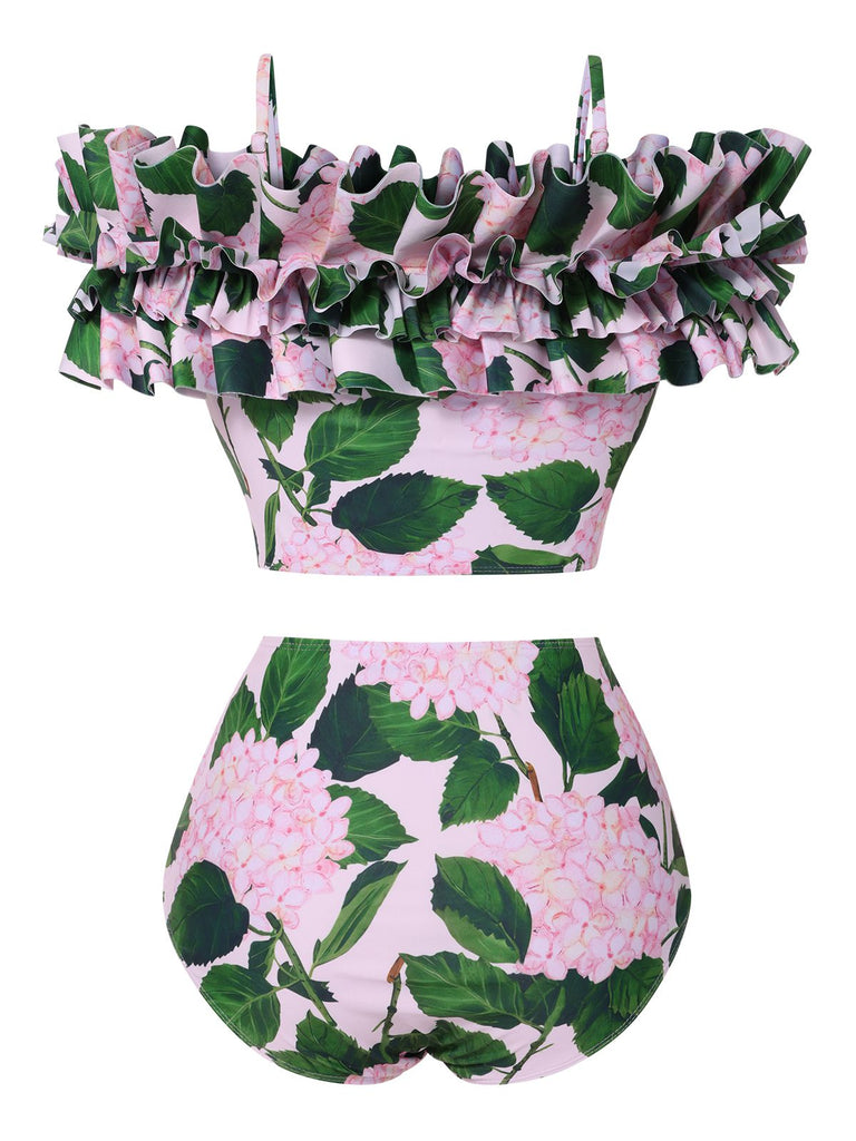 Pink 1950s Cold-Shoulder Floral Ruffle Swimsuit, vintage swimsuit, pin-up swimwear - perfect for women who love vintage and retro fashion