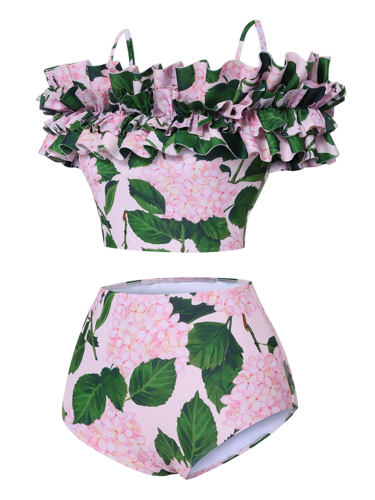 Pink 1950s Cold-Shoulder Floral Ruffle Swimsuit, vintage swimsuit, pin-up swimwear - perfect for women who love vintage and retro fashion