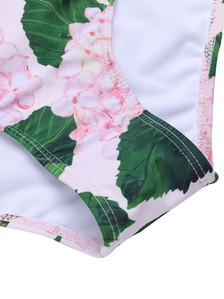 Pink 1950s Cold-Shoulder Floral Ruffle Swimsuit, vintage swimsuit, pin-up swimwear - perfect for women who love vintage and retro fashion