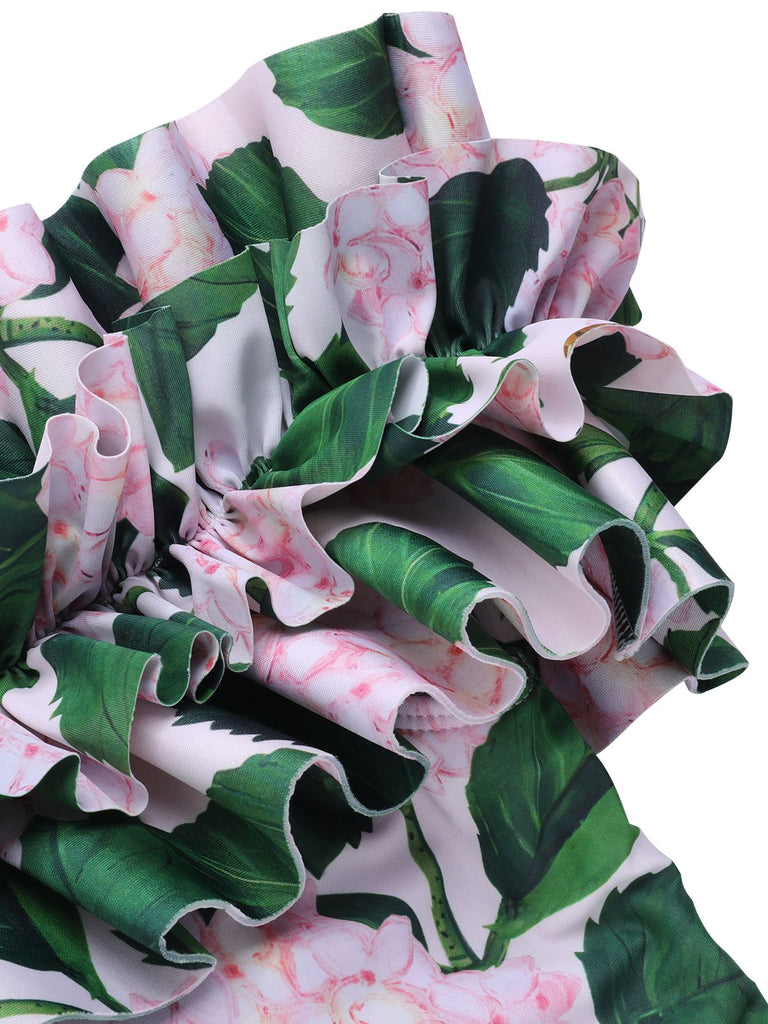 Pink 1950s Cold-Shoulder Floral Ruffle Swimsuit, vintage swimsuit, pin-up swimwear - perfect for women who love vintage and retro fashion
