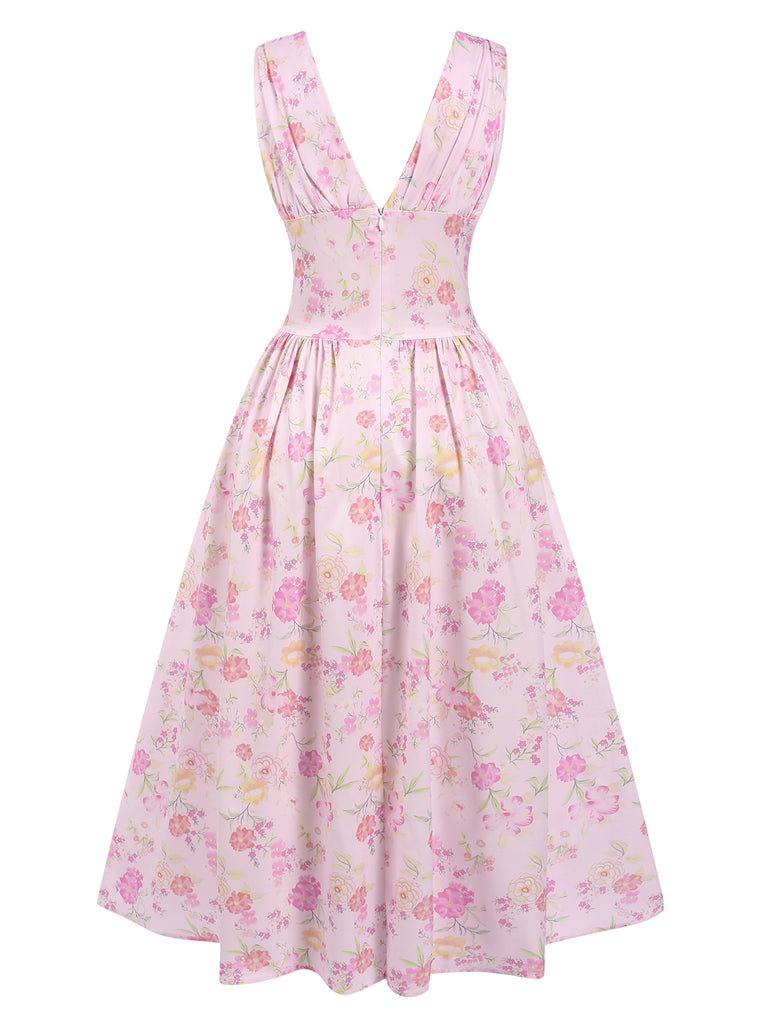 Pink 1950s Deep V-Neck Lace-Up Floral Dress: where 1950s romance meets her modern spirit