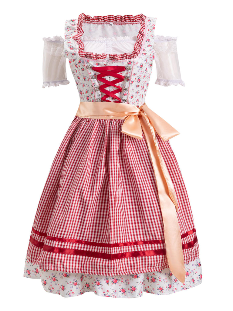 She slips into this Pink 1950s Ditsy Floral Lace Dress & Gingham Apron and suddenly it's a 1950s daydream