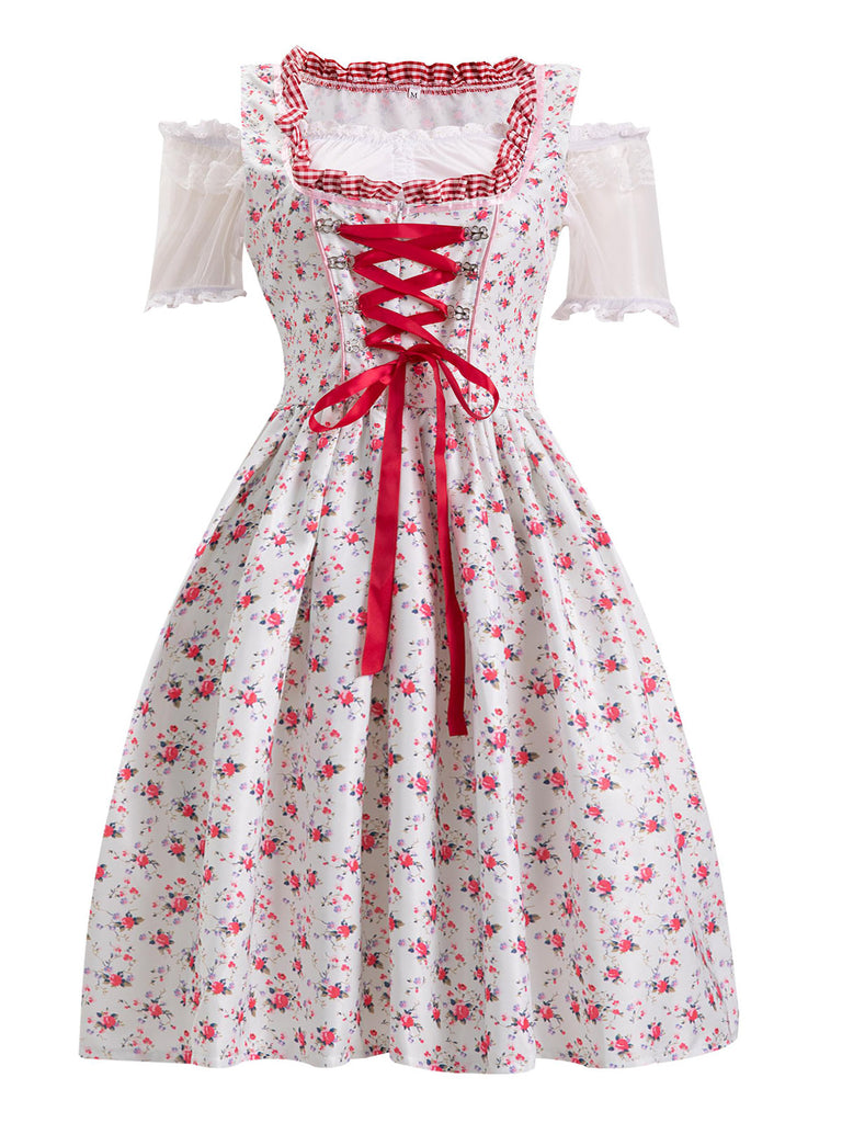 Pink 1950s Ditsy Floral Lace Dress & Gingham Apron: where 1950s romance meets her modern spirit