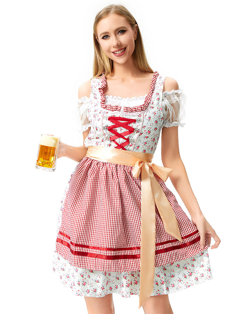 Pink 1950s Ditsy Floral Lace Dress & Gingham Apron — a 1950s silhouette that turns sidewalks into runways