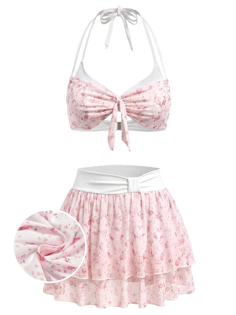 [Pre-Sale] Pink 1950s Halter Ruffle Chiffon Swimsuit
