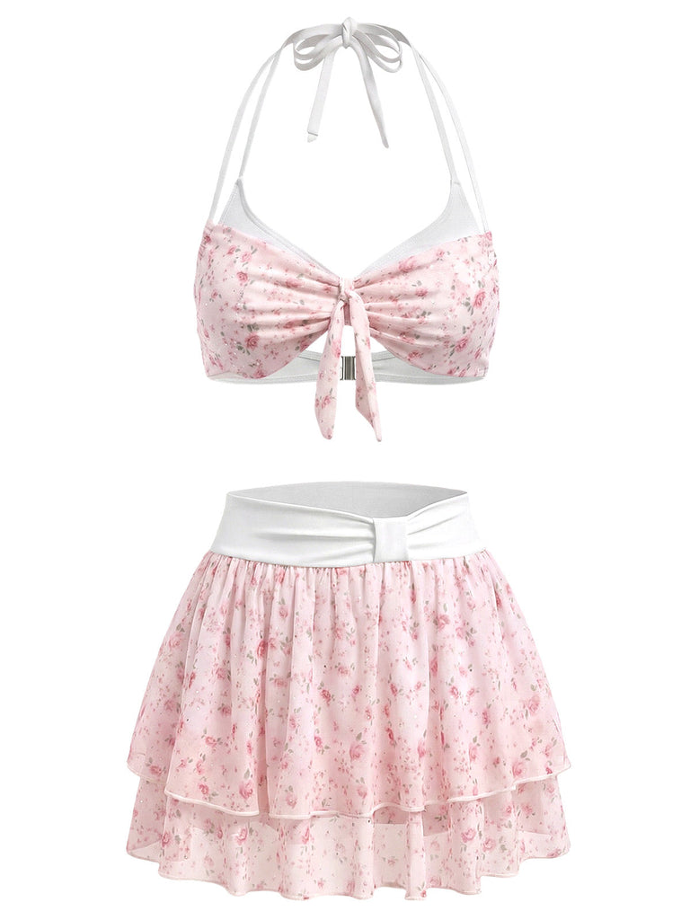 [Pre-Sale] Pink 1950s Halter Ruffle Chiffon Swimsuit