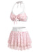 [Pre-Sale] Pink 1950s Halter Ruffle Chiffon Swimsuit