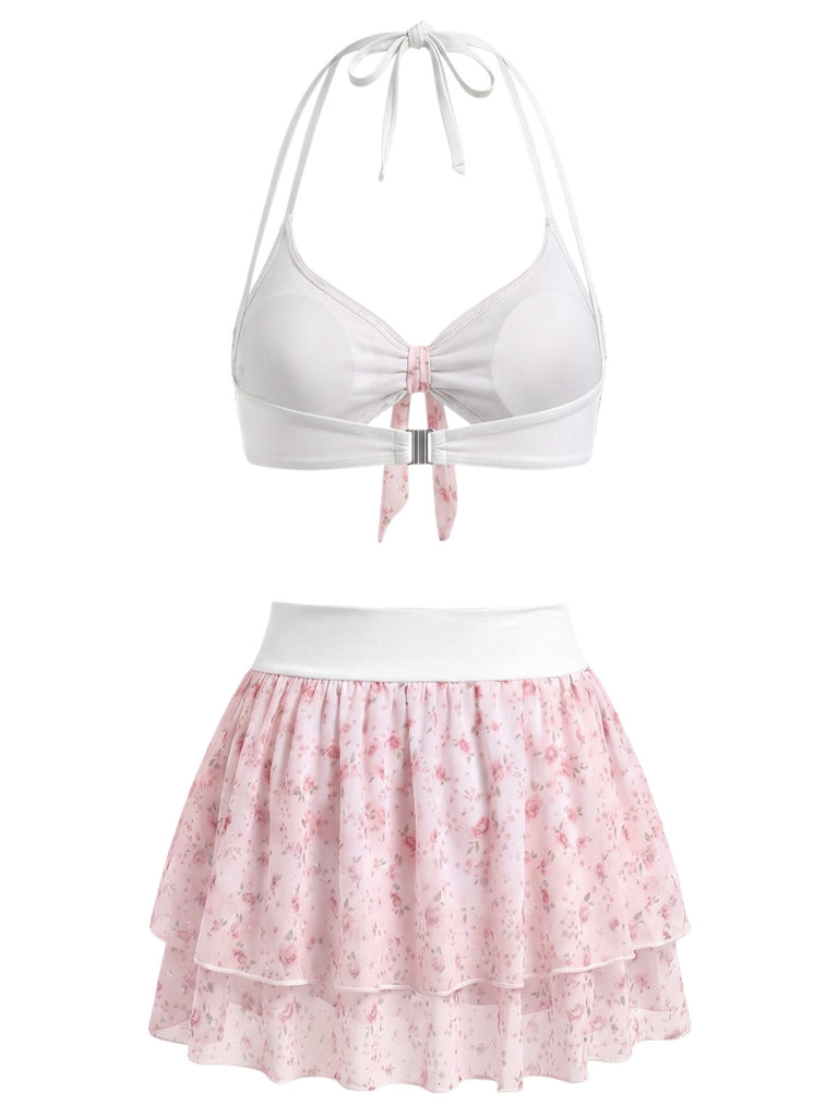 [Pre-Sale] Pink 1950s Halter Ruffle Chiffon Swimsuit