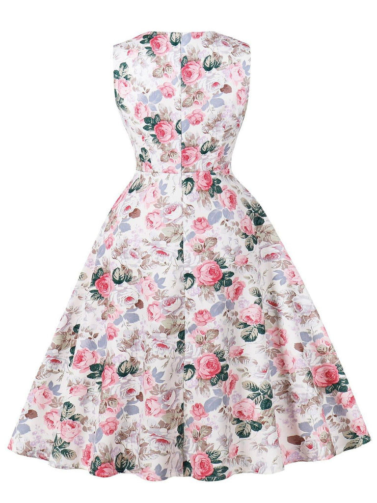 Pink 1950s Floral Bow Sweetheart Neck Swing Dress - vintage dress, retro fashion, rockabilly