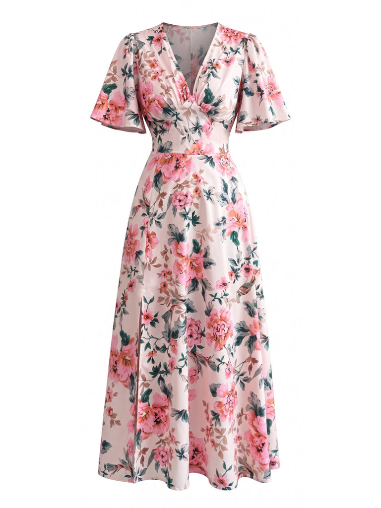 Pink 1950s Floral V Neck Dress 2