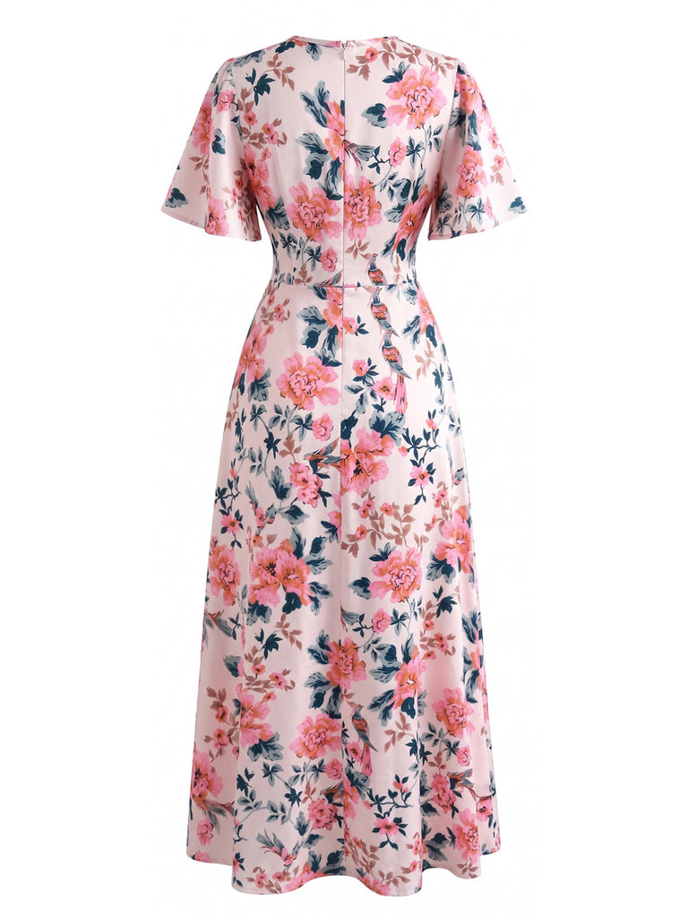 Pink 1950s Floral V Neck Dress 3