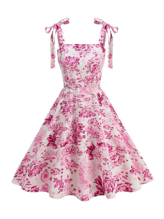 Pink 1950s Floral Lace-Up Swing Dress - vintage dress, retro fashion, rockabilly