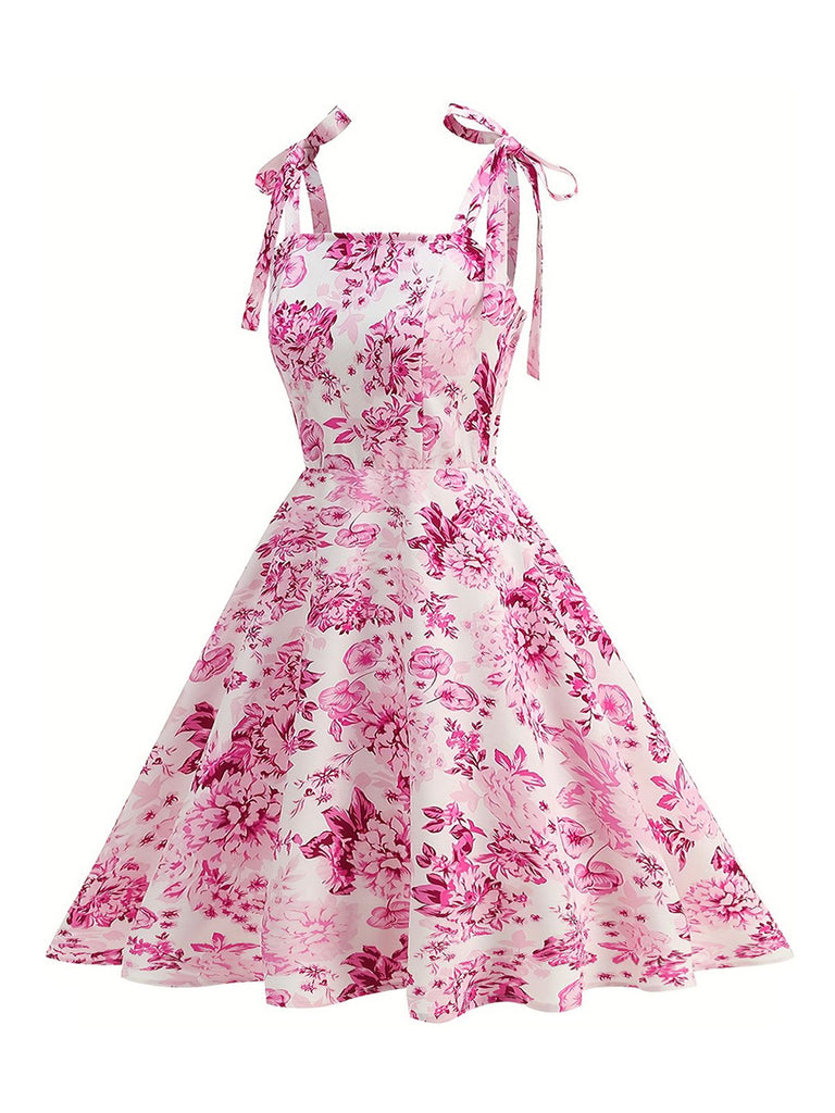 Pink 1950s Floral Lace-Up Swing Dress - vintage dress, retro fashion, rockabilly
