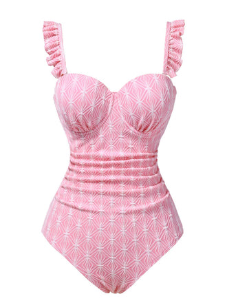 Pink 1950s Geometric Ruffled One-Piece Swimsuit, vintage swimsuit, pin-up swimwear - perfect for women who love vintage and retro fashion