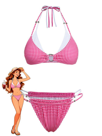 Pink 1950s Gingham Halter Double Layer Bikini Set - vintage swimsuit, pin-up swimwear for vintage lovers
