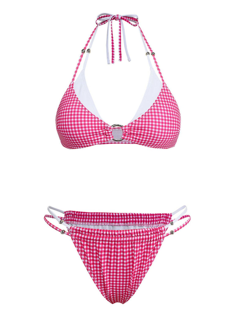 Pink 1950s Gingham Halter Double Layer Bikini Set - vintage swimsuit, pin-up swimwear for vintage lovers
