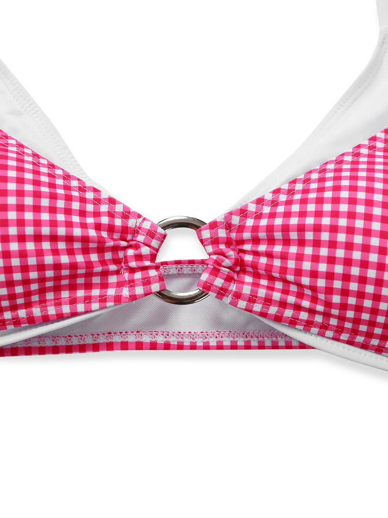 Pink 1950s Gingham Halter Double Layer Bikini Set - vintage swimsuit, pin-up swimwear for vintage lovers